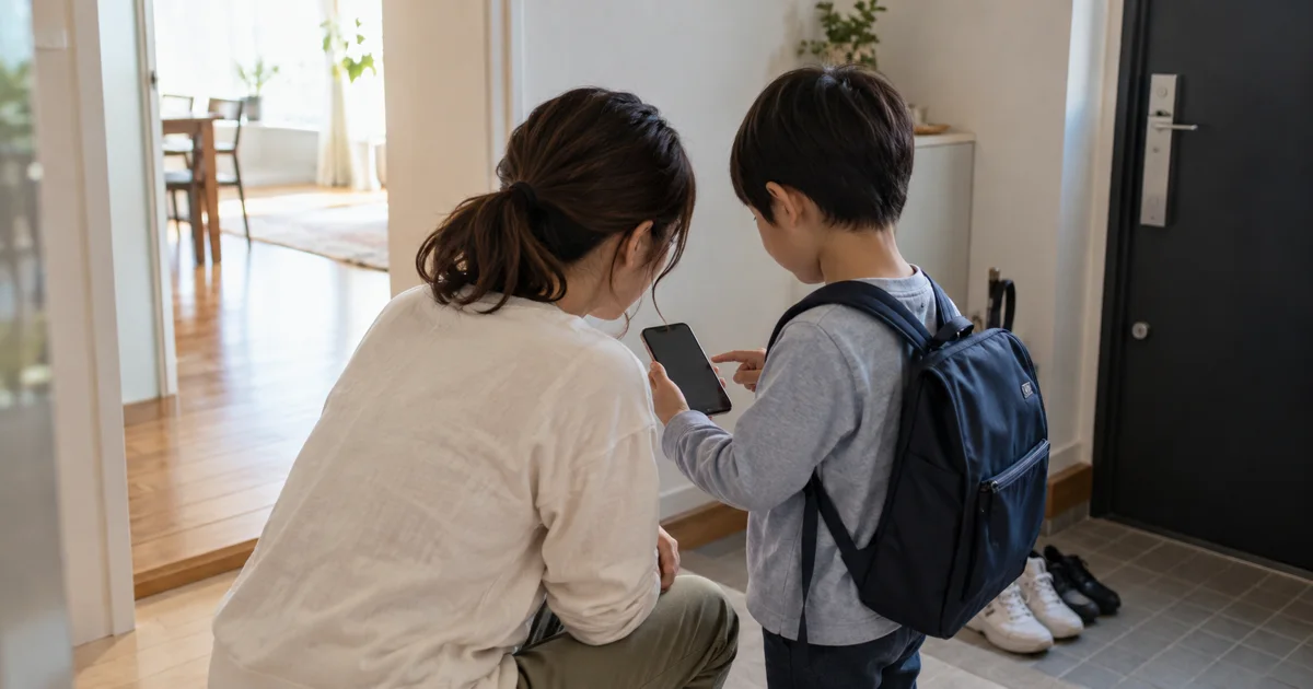 外出前の玄関で、母親が子どもの持つスマホを一緒に見ている後ろ姿