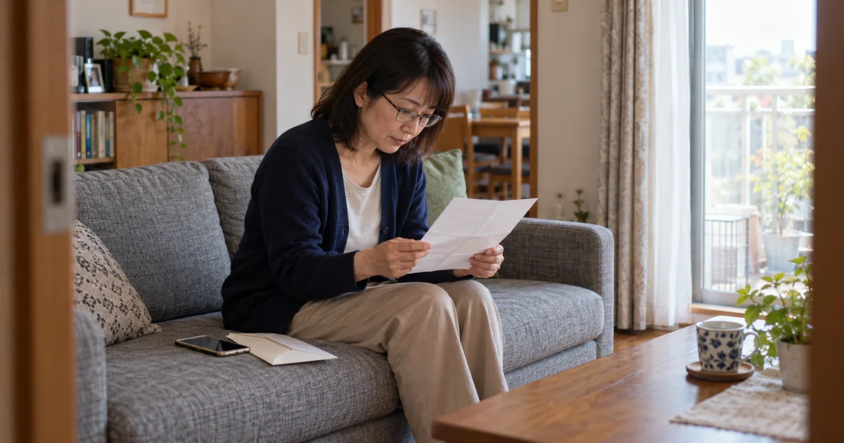 自宅のソファに腰かけ、手元の案内を読む女性。横にスマホと開封した封筒が置かれている
